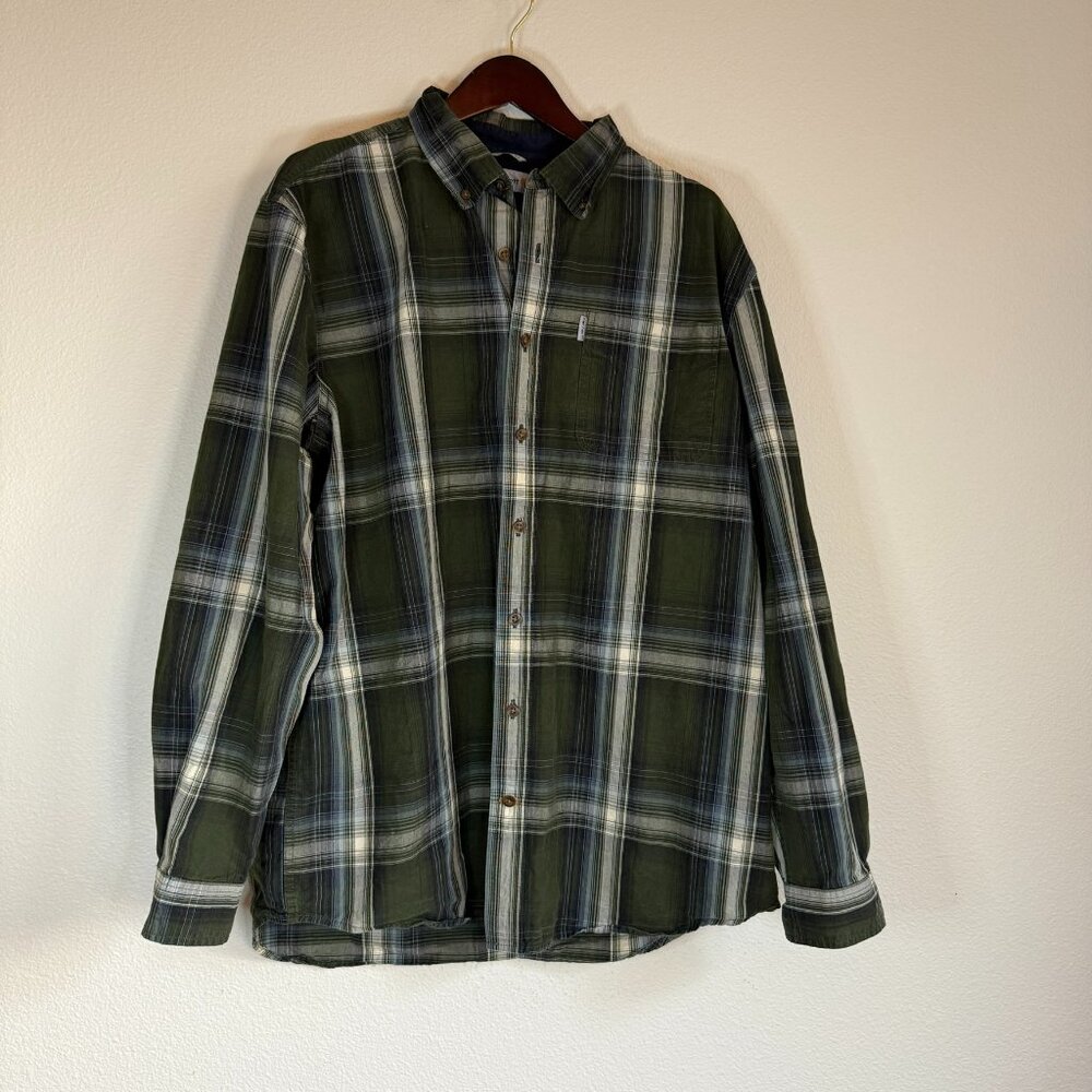 Men's Carhartt Plaid Chambray Navy Blue Button-Down shirt. Size XL Tall.